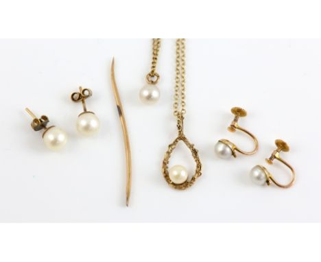 Group of cultured pearl jewellery, two white pearl pendants and chains, a pair of pearl studs, with post and butterfly fittin