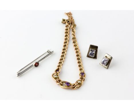 Mixed group of items, Edwardian amethyst and seed pearl curb link bracelet, testing as 9 ct gold, garnet bar brooch, mounted 