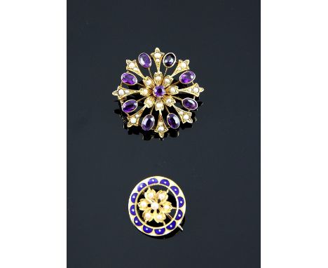 Victorian brooch set with seed pearls within a border of blue enamel, unmarked gold, testing as 15 ct, and an openwork brooch