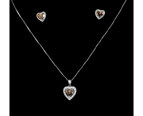 Cognac diamond heart form earrings and pendant set, each heart in a surround  of white round brilliant cut diamonds, mounted 