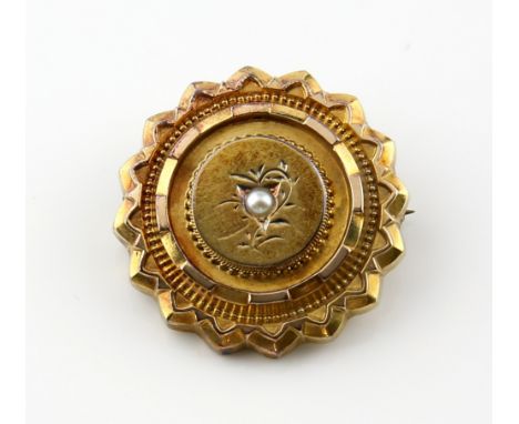 Victorian gold seed pearl Brooch, central floral design surrounded by wirework and decorative borders, reverse panel of plait