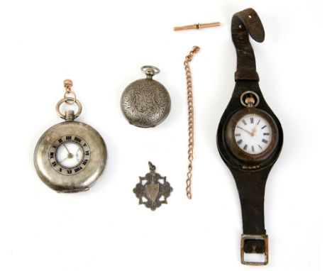 Half hunter pocket watch hallmarked silver 1918, Swiss 15 Jewel mechanical movement no 3576733, with a watch chain in 9 ct, a