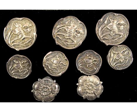 A pair of Edwardian silver rose buttons, hallmarked London 1902, by maker Samuel Jacob, measuring approximately 2.3 x 2.1cm a