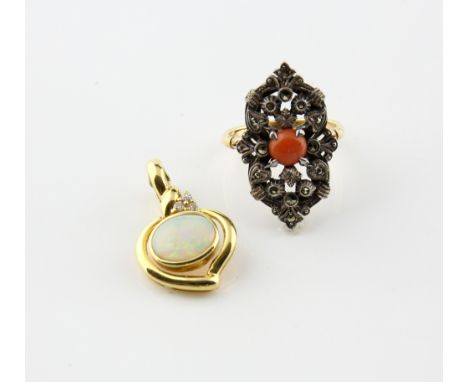 Opal and diamond pendant, oval cabochon cut opal, with three round brilliant cut diamonds, mounted in 18 ct, with clip bail, 