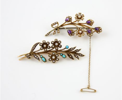 Two Edwardian floral seed pearl brooches one set with turquoise and another with oval cut amethyst, both stamped 15 ct gold, 
