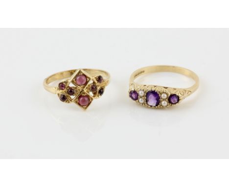 Two Victorian style rings,  one set with amethyst and pearl , and a cabochon cut garnet set ring, both size O 1/2  and mounte