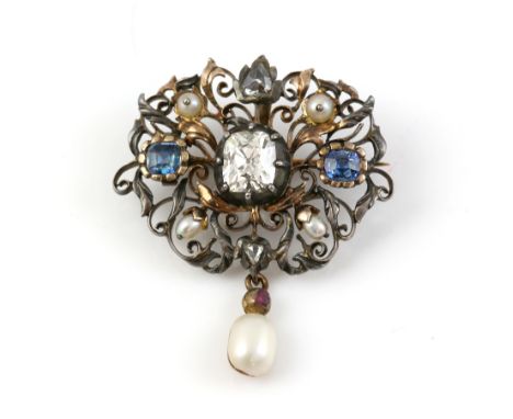 Early 19th C continental pendant brooch, set with an old cut diamond  estimated at 1.20 carats, in an openwork setting with t