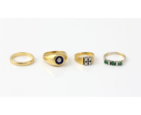  UPDATED description, Four gold rings, a diamond and enamel ring, 18 ct, another with emerald and diamond, 14 ct, both size O