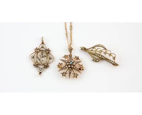 Victorian seed pearl and turquoise star pendant brooch, with fancy link chain, another floral pendant, both  stamped 15 ct an