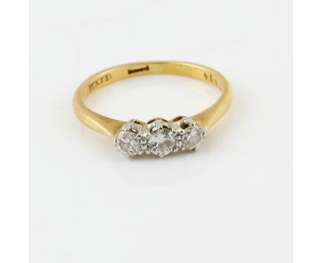 1940's diamond three stone ring, transitional cut diamonds, estimated total diamond weight 0.35 carats, estimated colour H/I 