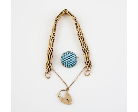 Victorian gold gatelink bracelet of curved and oval links, stamped marks,9 ct,  a later heart clasp and a turquoise set butto