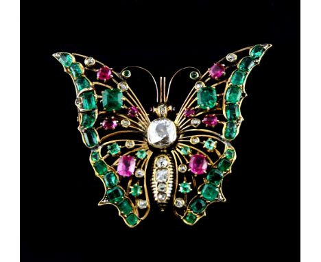 Victorian emerald and diamond set butterfly brooch, the body set with a cushion cut diamond weighing approximately 0.80cts an