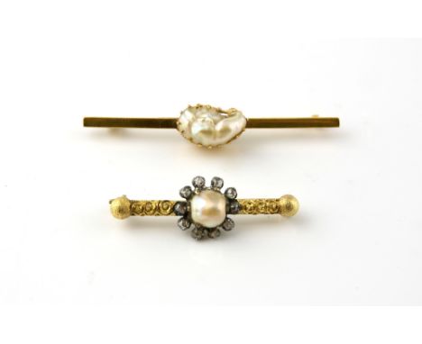 Two antique baroque pearl bar brooches, central cream coloured pearl, set within a border of ten old cut diamonds, on an engr