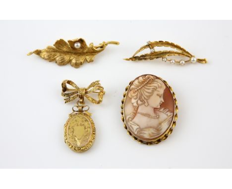 A group of brooches, shell cameo depicting a profile of a lady, one engraved vintage locket with bow pin, two vintage pearl s