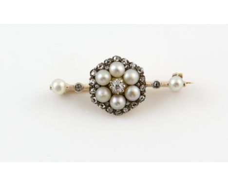 Victorian gold pearl and diamond brooch, central old cut diamond, surrounded by six white pearls and a border of rose cut dia