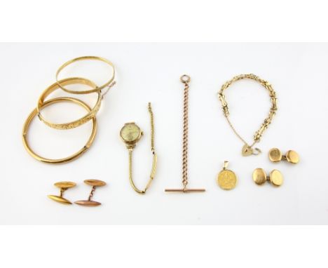 Mixed group of items, pendant mount set with 1918 Half sovereign, a pair of monogramed Victorian oval cufflinks, round bangle