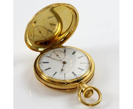 A full hunter pocket watch, with circular unsigned dial, steel hands, the white enamel dial with Roman numeral hour markers a