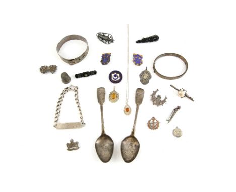 Group of costume jewellery including silver items, 1950's silver oval bangle, adjustable engraved silver bangle, silver ident