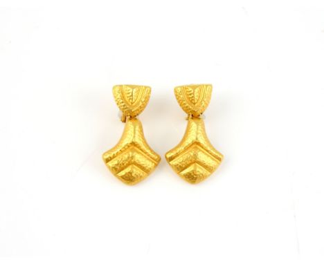 A  pair of  textured gold pendant earrings, post and clip fittings,  stamped 22 k, boxed  .     CONDITION good, no damage see