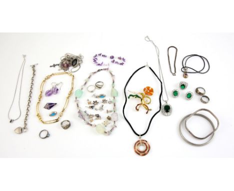 Collection of silver and costume jewellery, including, amethyst pendant stamped 9 ct and 925, on black cord necklace, Christi