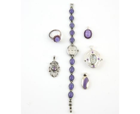 A mixed group of mainly silver jewellery, lavender jade and amethyst cluster pendant, matching ring, size S, amethyst set flo