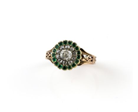 Georgian old cut diamond and emerald ring, with pierced shoulder detail, estimated total diamond weight 0.56 carats, setting 