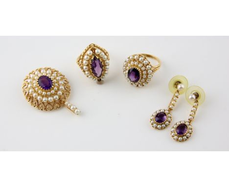 Collection of amethyst and pearl jewellery, marquise ring set with central amethyst, surrounded by a border of white round pe