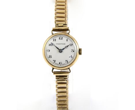 1930's gold Vertex watch, enamel dial, Arabic numerals and minute track, Swiss made 17 jewel mechanical movement, 9 ct case a