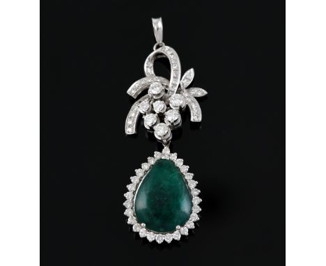 Emerald and diamond pendant, cabochon cut emerald, estimated weight 7.89 carats, surrounded by round brilliant cut diamonds, 