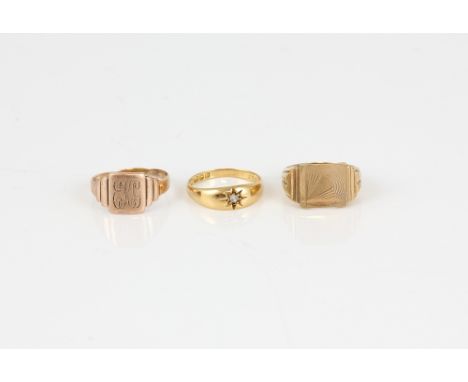 Old cut diamond gypsy set ring, in 18 ct hallmarked 1912, size P and two signet rings, stamped 9 ct, size R and O.     CONDIT