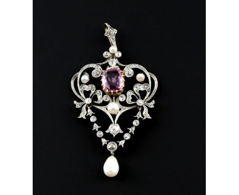 Edwardian pink sapphire, diamond and pearl pendant in milgrain setting silver front and gold back, pink sapphire estimated we