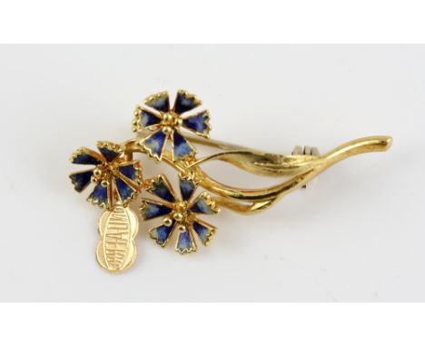 Italian Unoaerre blue enamel flower brooch, with pin and roll catch fitting, all in yellow metal, stamped as 18 ct.     CONDI