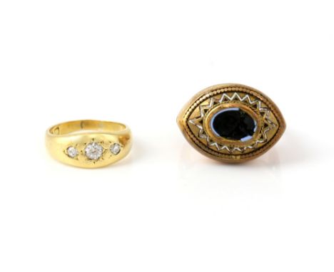 Victorian diamond set gypsy ring, 18 ct gold, total diamond weight estimated at 0.30 carats, size I and a marquise form agate