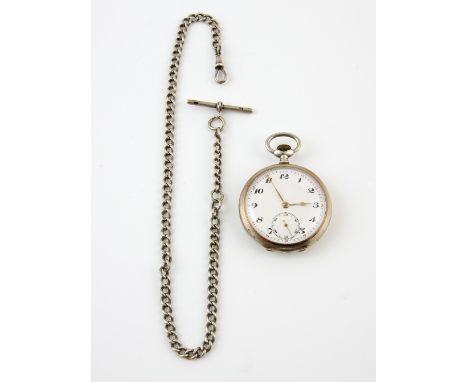 Open faced Swiss pocket watch, white enamel dial Arabic numerals subsidiary dial and minute tract, mechanical movement signed