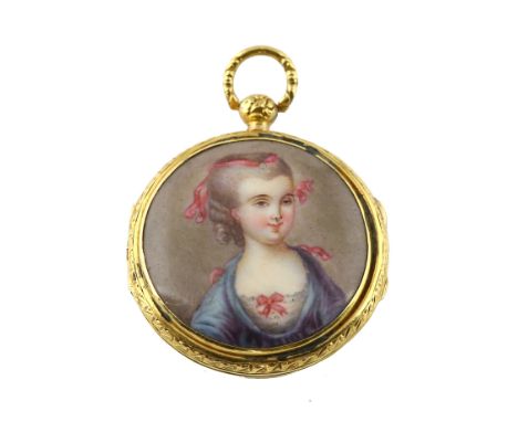 19th C French locket of a lady in 18th C dress, painted on porcelain panel, outer case with scrolled and engine turned decora