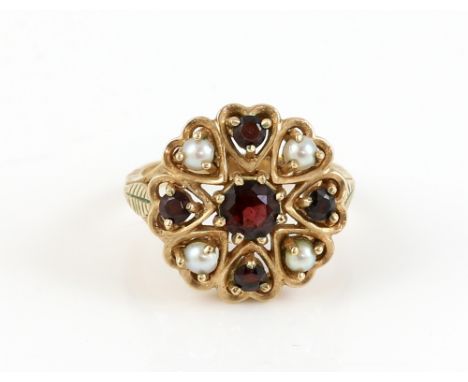 Vintage garnet and seed pearl cluster ring, heart shaped settings and leaf detailed shoulders, in 9 ct hallmarked London 1959