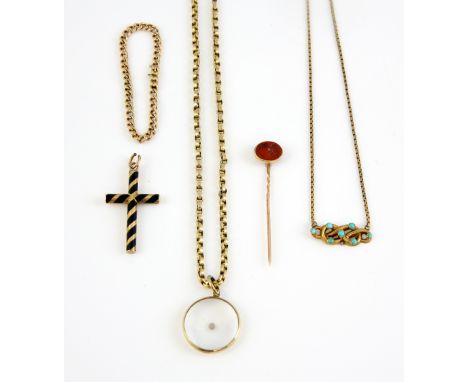 Group of Victorian jewellery, gold and enamel cross, with hair panel to reverse, turquoise set pendant with integrated chain,