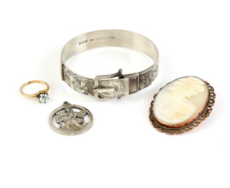 Vintage silver buckle bangle, hallmarked Birmingham 1972, paste ring, in yellow metal testing as 9 ct, size I, silver st Chri