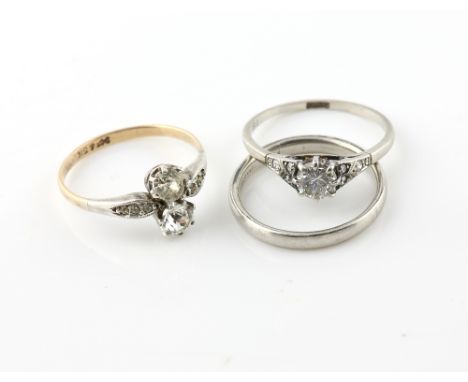 Edwardian diamond set ring, brilliant cut stones with diamond set shoulders, ring size K 1/2  a  platinum wedding band, size 