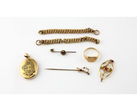 Mixed group of jewellery, Victorian oval locket with central monogram, ruby, diamond and blue paste sword stick pin, both tes