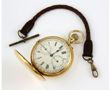 Victorian full hunter pocket watch, white enamel dial with Roman numerals and Arabic numerals minute track, stop watch functi