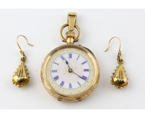 Gold pocket watch, white enamel dial with Roman numerals, in ornate 14 ct case and a pair of floral drop earrings in yellow g