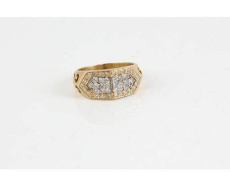 Gold ring pave set with diamonds, pierced shoulders, stamped 585 for 14 ct gold, ring size R .     CONDITION,  GOOD, light sc