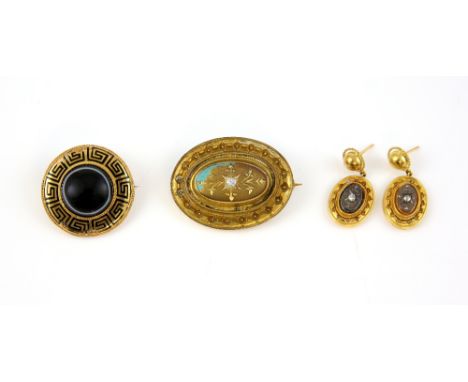 Victorian gold brooch with central diamond and matching earrings, mounts testing as gilt metal and Victorian banded agate and