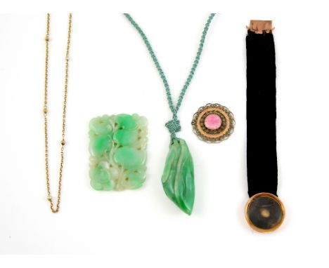 Early 20th C jewellery, carved pea pod jade pendant on cord, floral jade carving, Marius Hammer filigree enamel pendant, gold