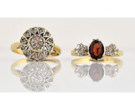 1960's Garnet and diamond three stone ring, mounted in 18 ct yellow gold, hallmarked Birmingham 1965, size K, and white paste