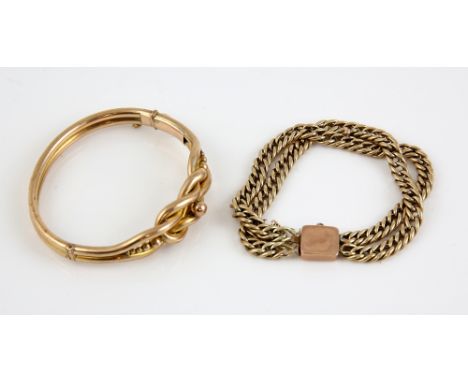 Victorian hinged knot bangle and a double curb link chain bracelet , both 9 ct gold .     Gross weight 44 grams 
