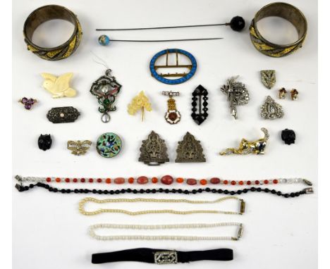 Group of costume jewellery, arts and crafts Scottish enamel and pearl pendant, paste set jewellery, amethyst brooch and other