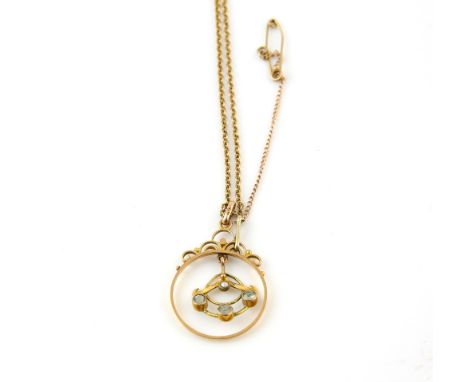 Edwardian seed pearl and rock crystal quartz pendant, on a belcher link chain, with tube clasp, measuring approximately 42.5c