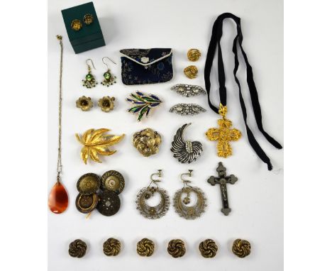 Mixed group of costume jewellery, flower studs in 9 ct, Christian Lacroux cross pendant, agate pendant and chain, buttons and